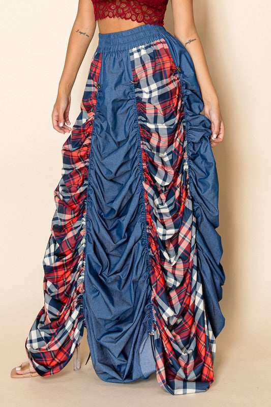 Plaid and Denim Maxi Skirt with Drawstrings