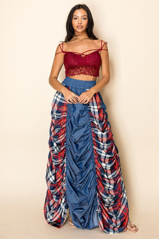 Plaid and Denim Maxi Skirt with Drawstrings