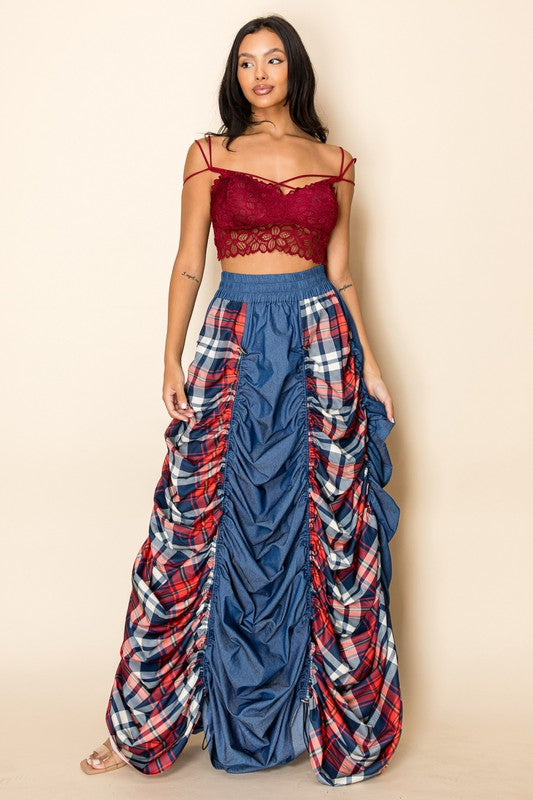 Plaid and Denim Maxi Skirt with Drawstrings