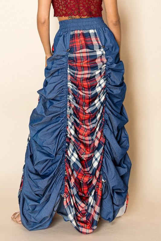 Plaid and Denim Maxi Skirt with Drawstrings