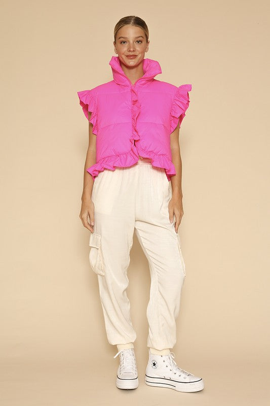 Cropped ruffle puffer vest