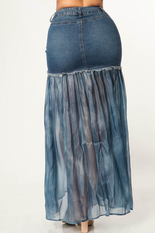 Denim Mini Skirt with Chiffon Trim