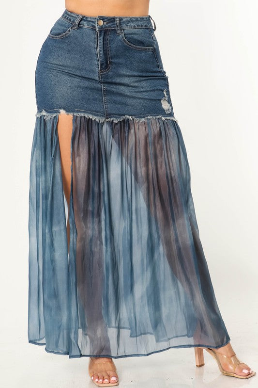 Denim Mini Skirt with Chiffon Trim