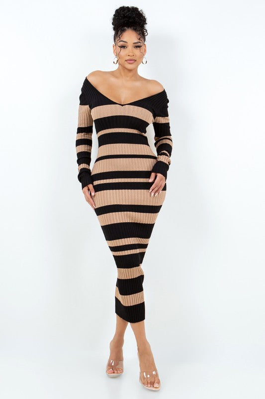 Women's Long Sleeve Striped V-Neck Off the Shoulder Maxi Dress