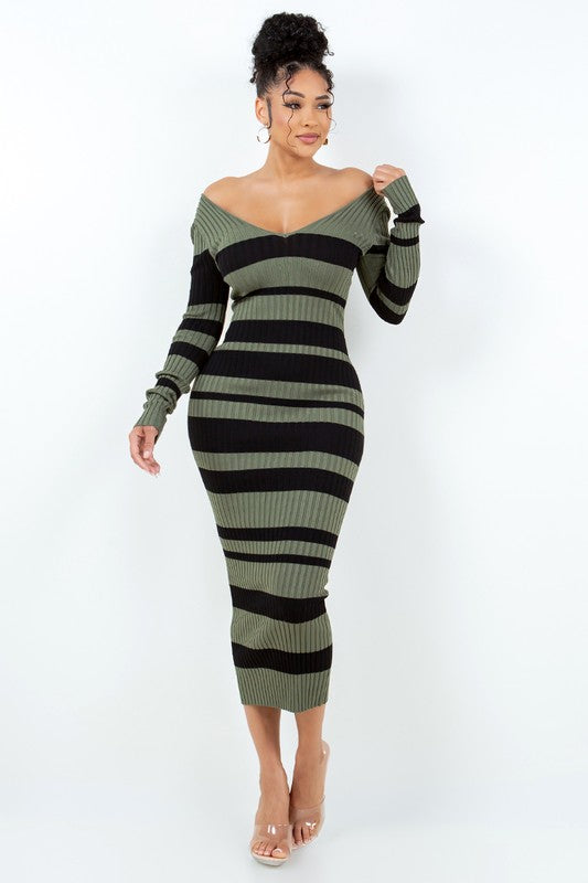 Women's Long Sleeve Striped V-Neck Off the Shoulder Maxi Dress