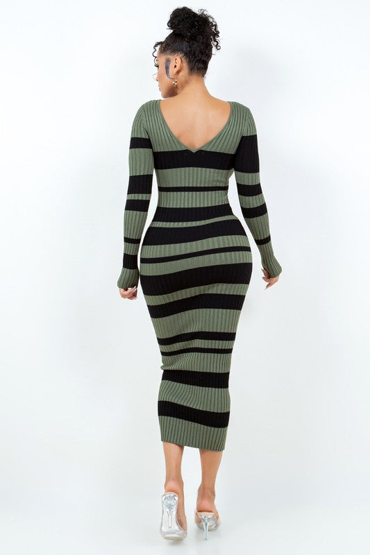 Women's Long Sleeve Striped V-Neck Off the Shoulder Maxi Dress