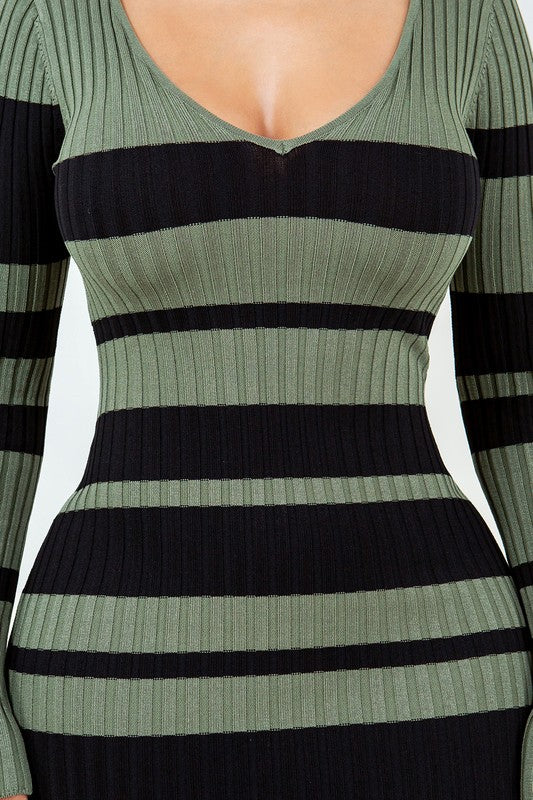 Women's Long Sleeve Striped V-Neck Off the Shoulder Maxi Dress