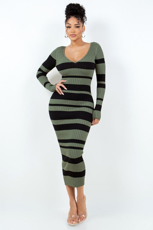 Women's Long Sleeve Striped V-Neck Off the Shoulder Maxi Dress