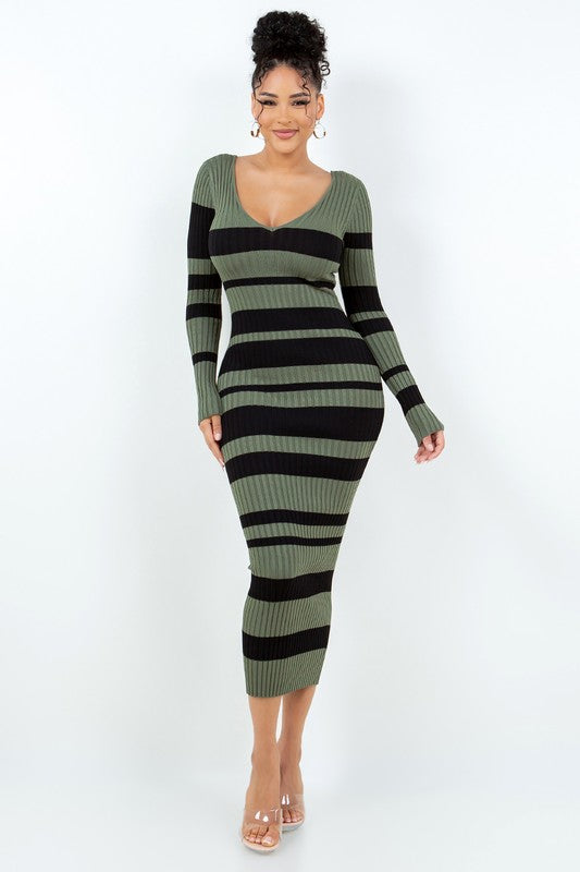 Women's Long Sleeve Striped V-Neck Off the Shoulder Maxi Dress