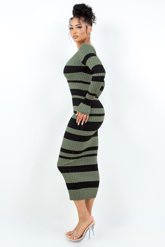 Women's Long Sleeve Striped V-Neck Off the Shoulder Maxi Dress