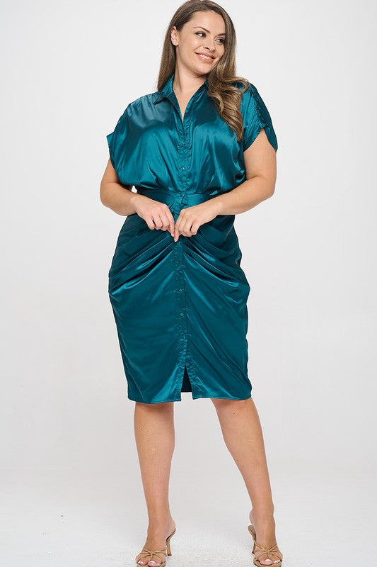 Junior Plus Button Down Ruched Shirt Dress