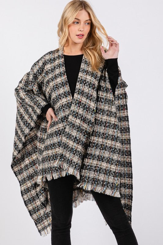 Oversize Plaid Raw Edge Ruana Cardigan