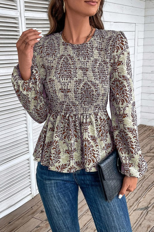 Ethnic Print Balloon Sleeve Smocked Peplum Blouse