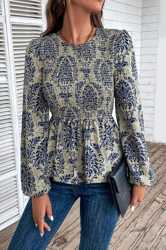 Ethnic Print Balloon Sleeve Smocked Peplum Blouse