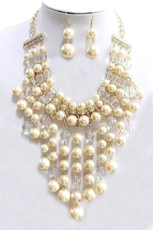 Mix Pearl Clear Beads Drop Statement Necklace Set