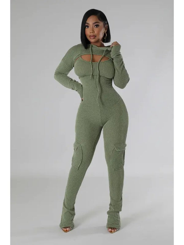 Textured Rib Hoodie Crop Top and Jumpsuit Set