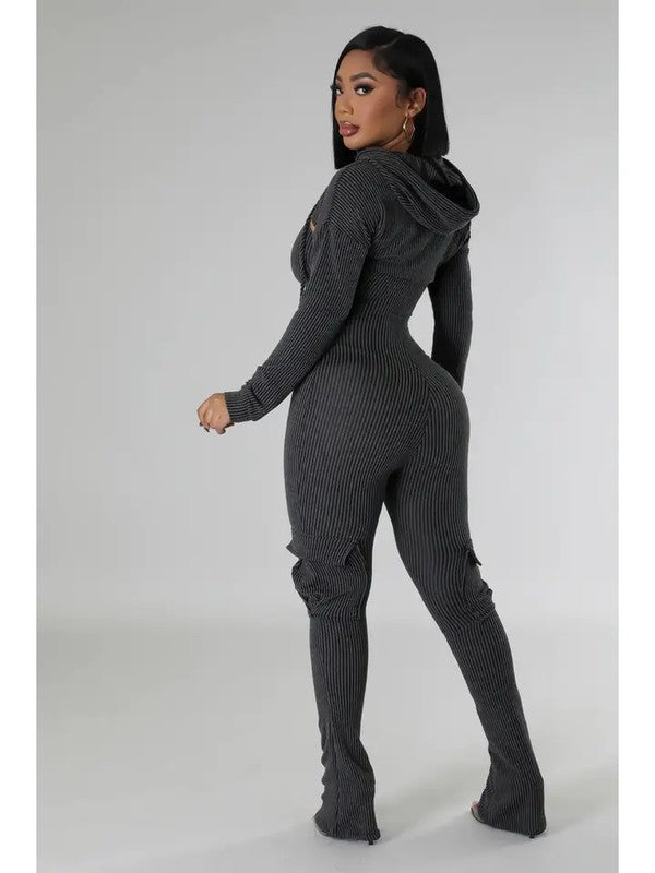 Textured Rib Hoodie Crop Top and Jumpsuit Set