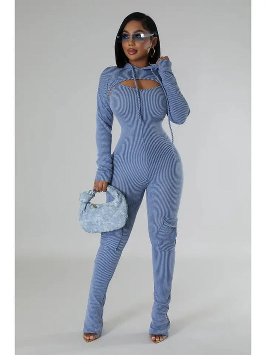 Textured Rib Hoodie Crop Top and Jumpsuit Set