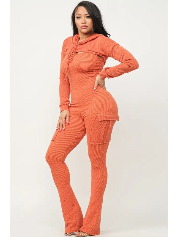 Textured Rib Hoodie Crop Top and Jumpsuit Set