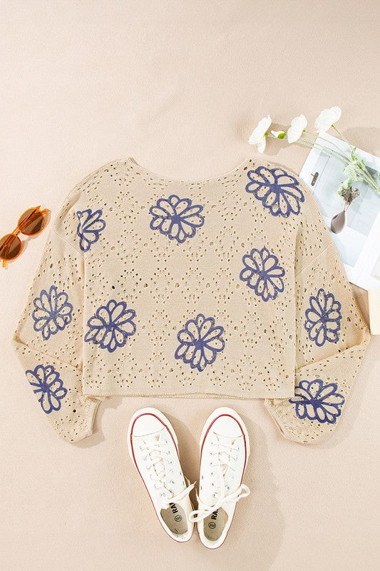 Women Flower Print Eyelet Drop Shoulder Sweater