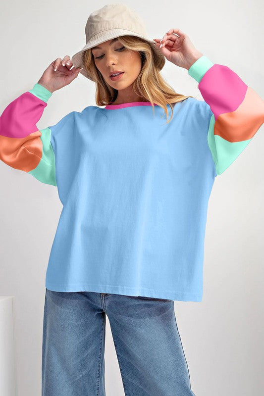 Women Colorblock Patchwork Long Sleeve Loose Top