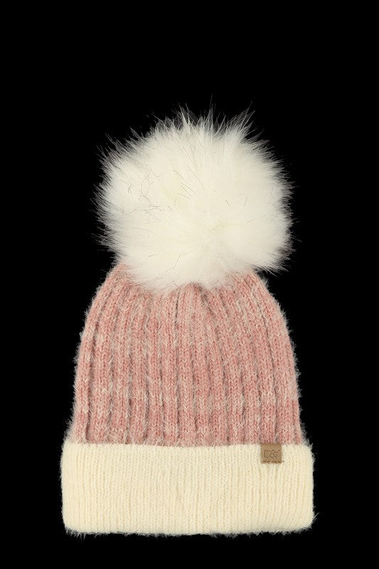 Super Soft Yarn Beanie with Faux Fur Pom