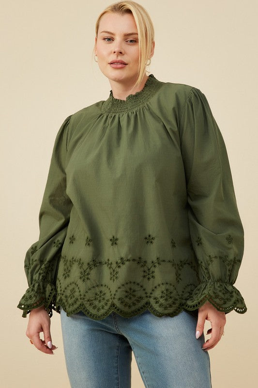 Plus Size Scallop Hem Eyelet Embroidered Top