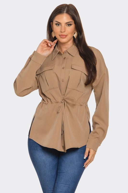 Button Down Tie Waist Long Sleeve Blouse Top