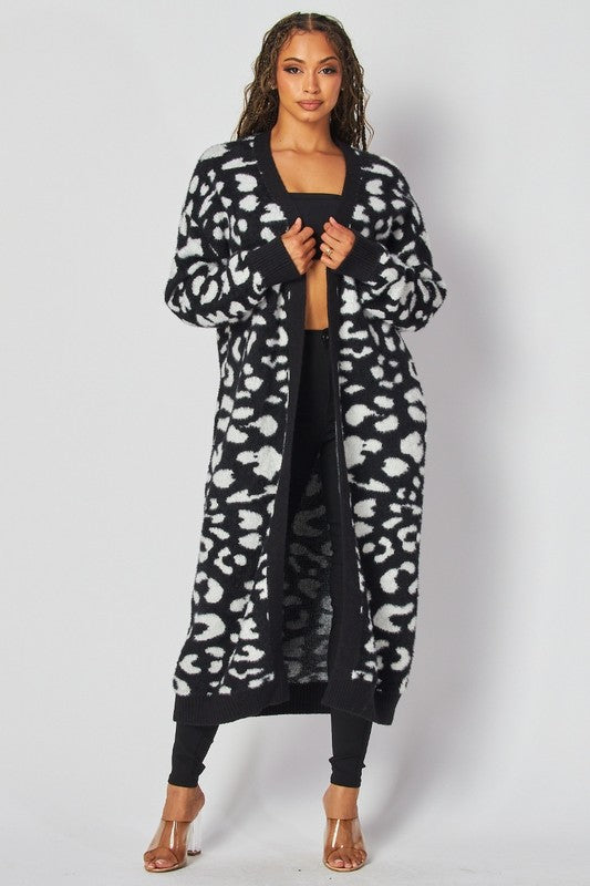 Open-Front Cardigan Black and White Abstract Maxi Sweater