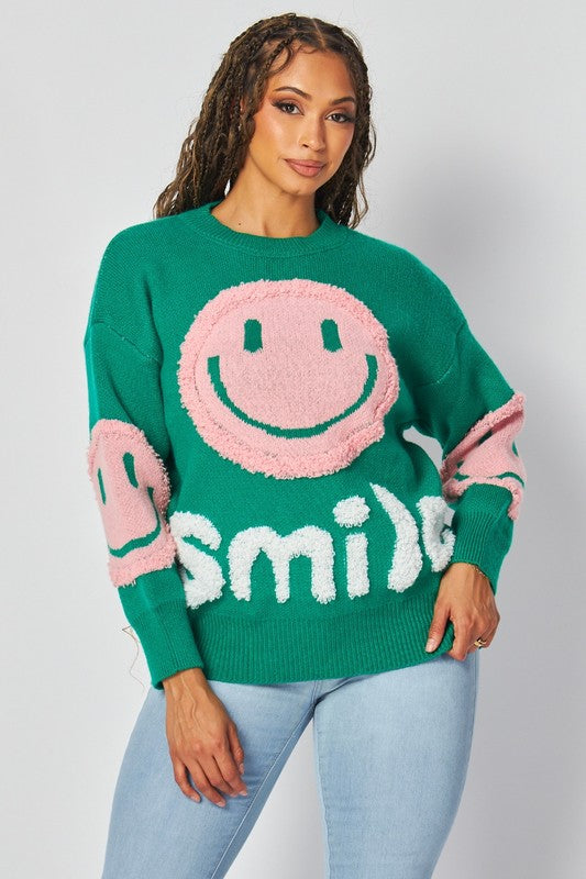 Casual Bright Green Sweater with Pink Smiley Face