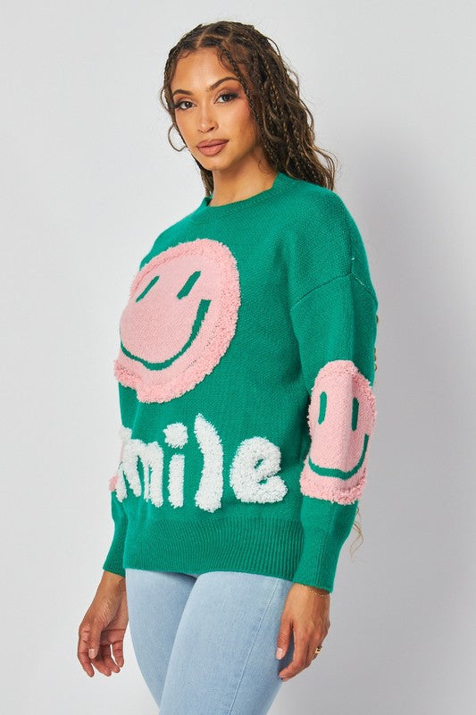 Casual Bright Green Sweater with Pink Smiley Face