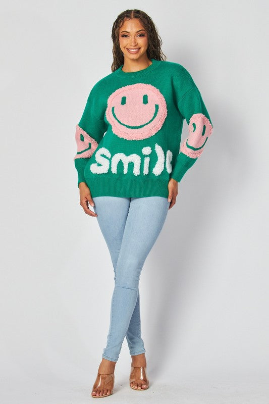 Casual Bright Green Sweater with Pink Smiley Face