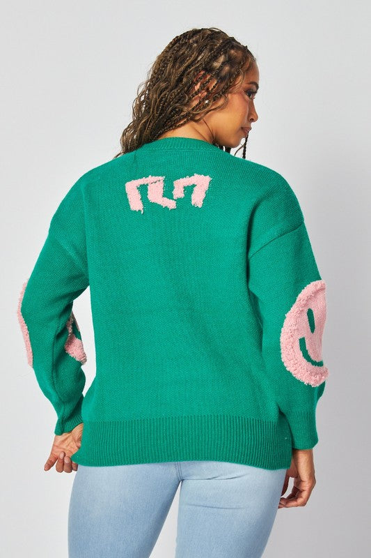 Casual Bright Green Sweater with Pink Smiley Face