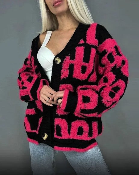 Tufted Lettering Oversized Cardigan