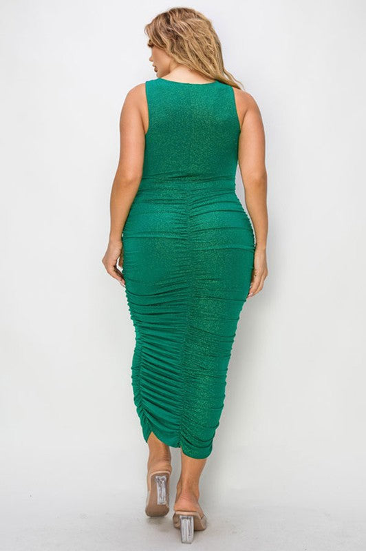 Plus Size Sleeveless Lurex Ruched Midi Dress