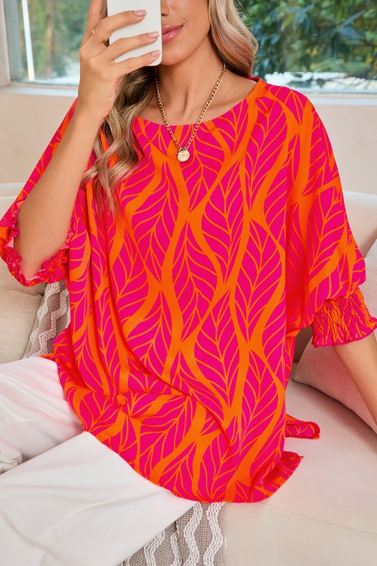 Tropical Leaf Print Smocked Cuffs Loose Blouse