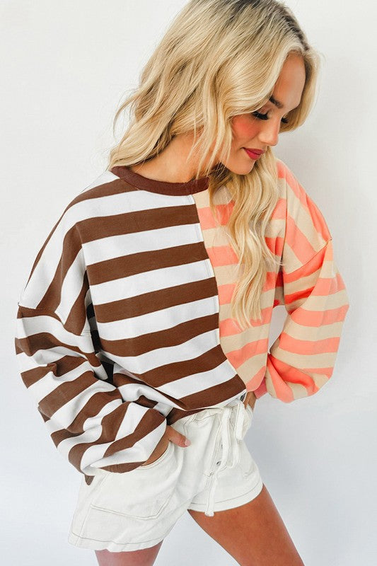 Stripe Color Block Shoulder Pullover Sweatshirt