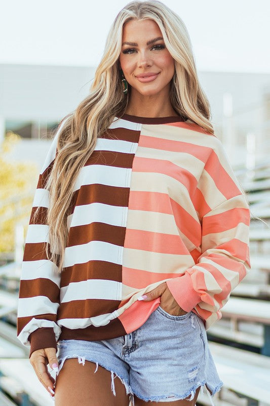 Stripe Color Block Shoulder Pullover Sweatshirt