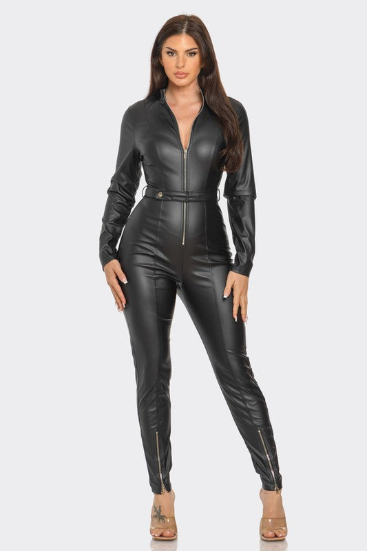 Pu Leather Front Zipper Belt Catsuit Jumpsuit