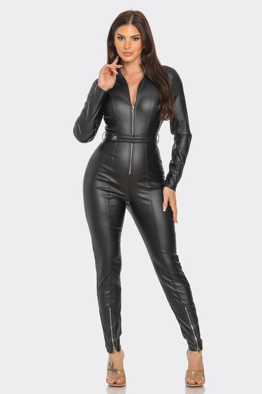 Pu Leather Front Zipper Belt Catsuit Jumpsuit