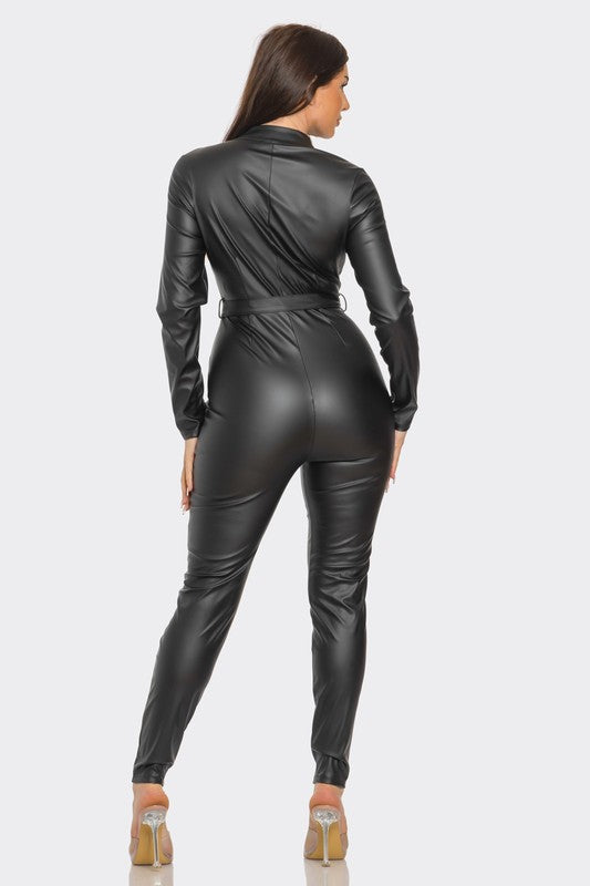 Pu Leather Front Zipper Belt Catsuit Jumpsuit