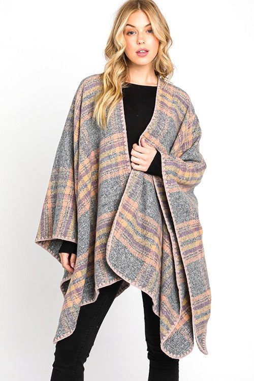 Overcast Stitch Plaid Print Ruana Cardigan