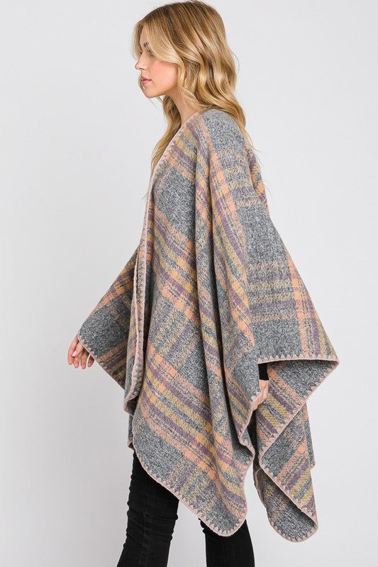 Overcast Stitch Plaid Print Ruana Cardigan