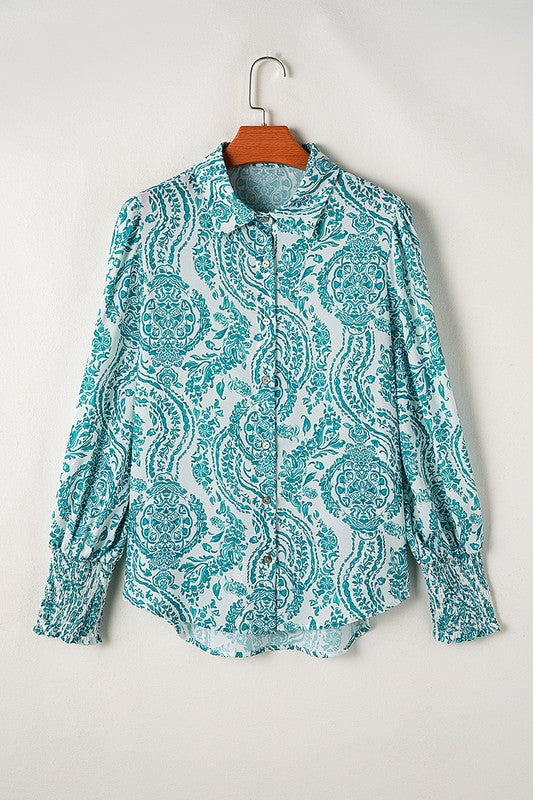 Women Print Smocked Cuff Buttoned Loose Shirt