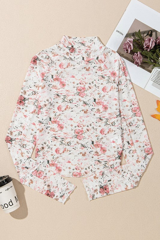 Floral Long Sleeve High Neck Sheath Mesh Shirt