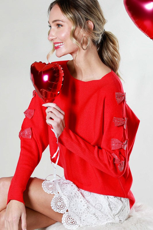 Valentine's Day Sequin Bow Detail Sweater Top
