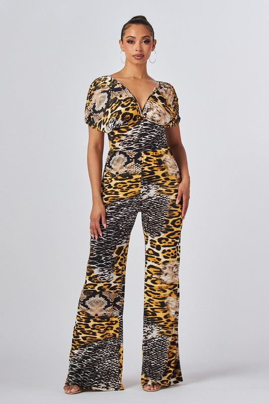 Women's Animal Printed V Neck Jumpsuit with Open Back