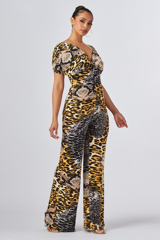 Women's Animal Printed V Neck Jumpsuit with Open Back