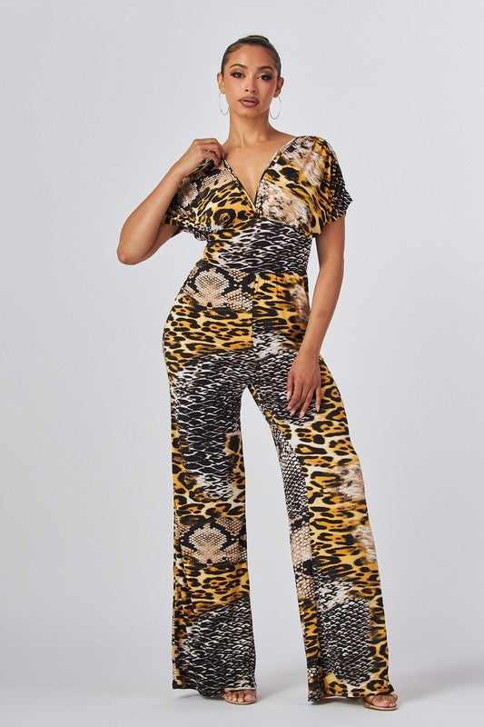 Women's Animal Printed V Neck Jumpsuit with Open Back