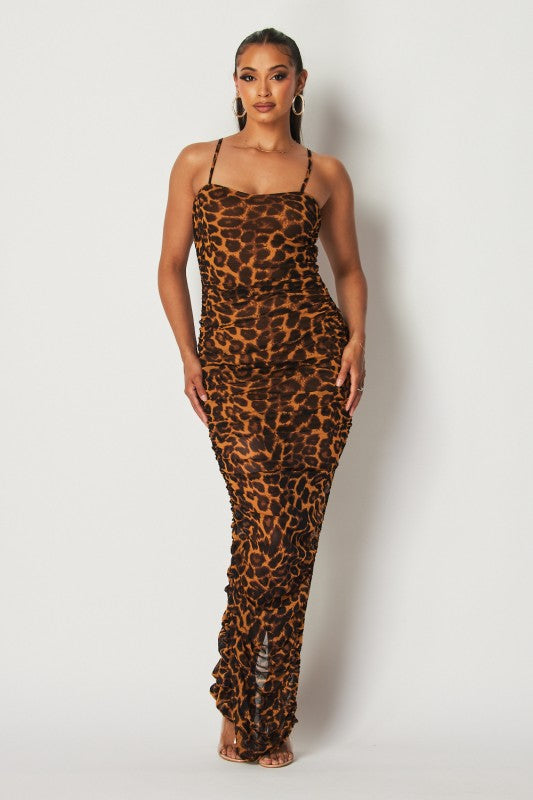 Women's Ruched Mesh Maxi Dress with Lining